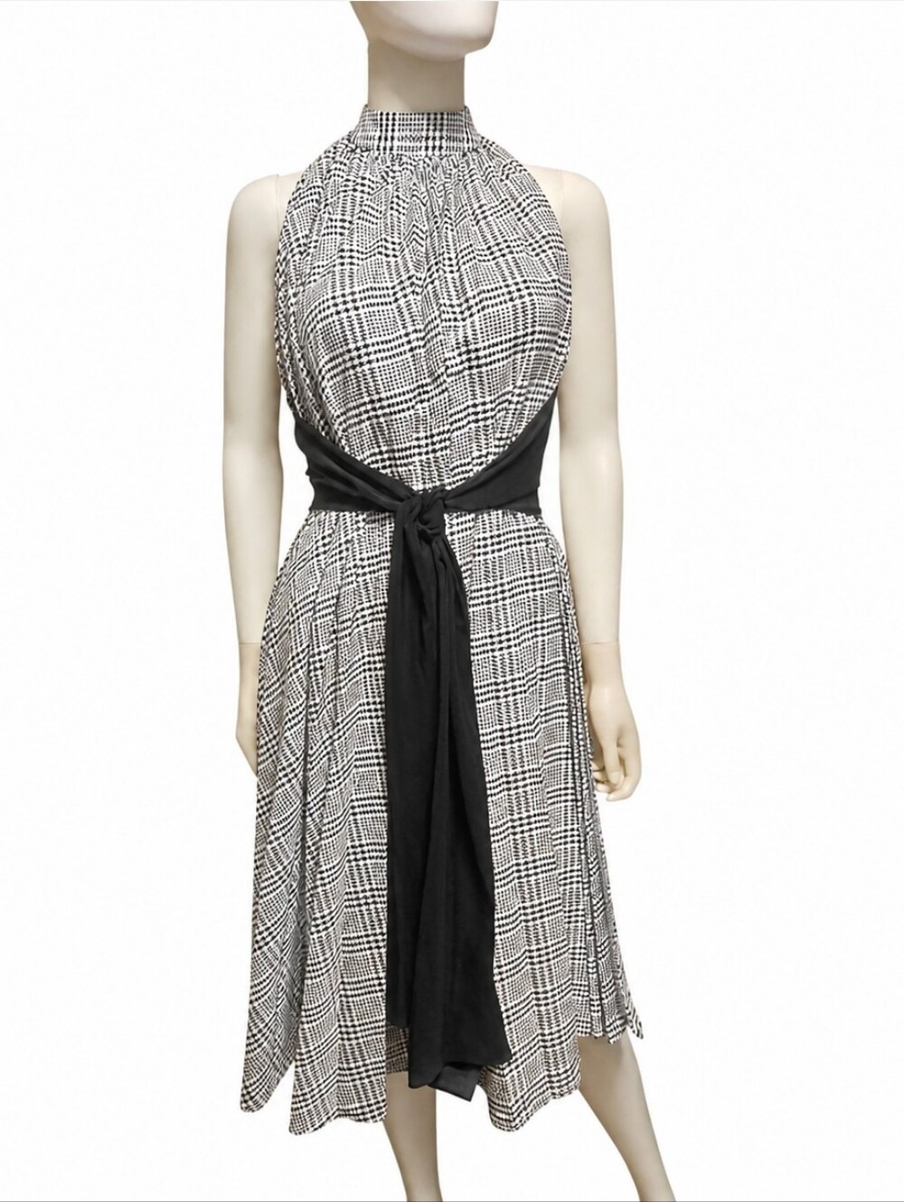 TOME | Black & White Halter Neck Long Pleated Tunic Top in Size Small